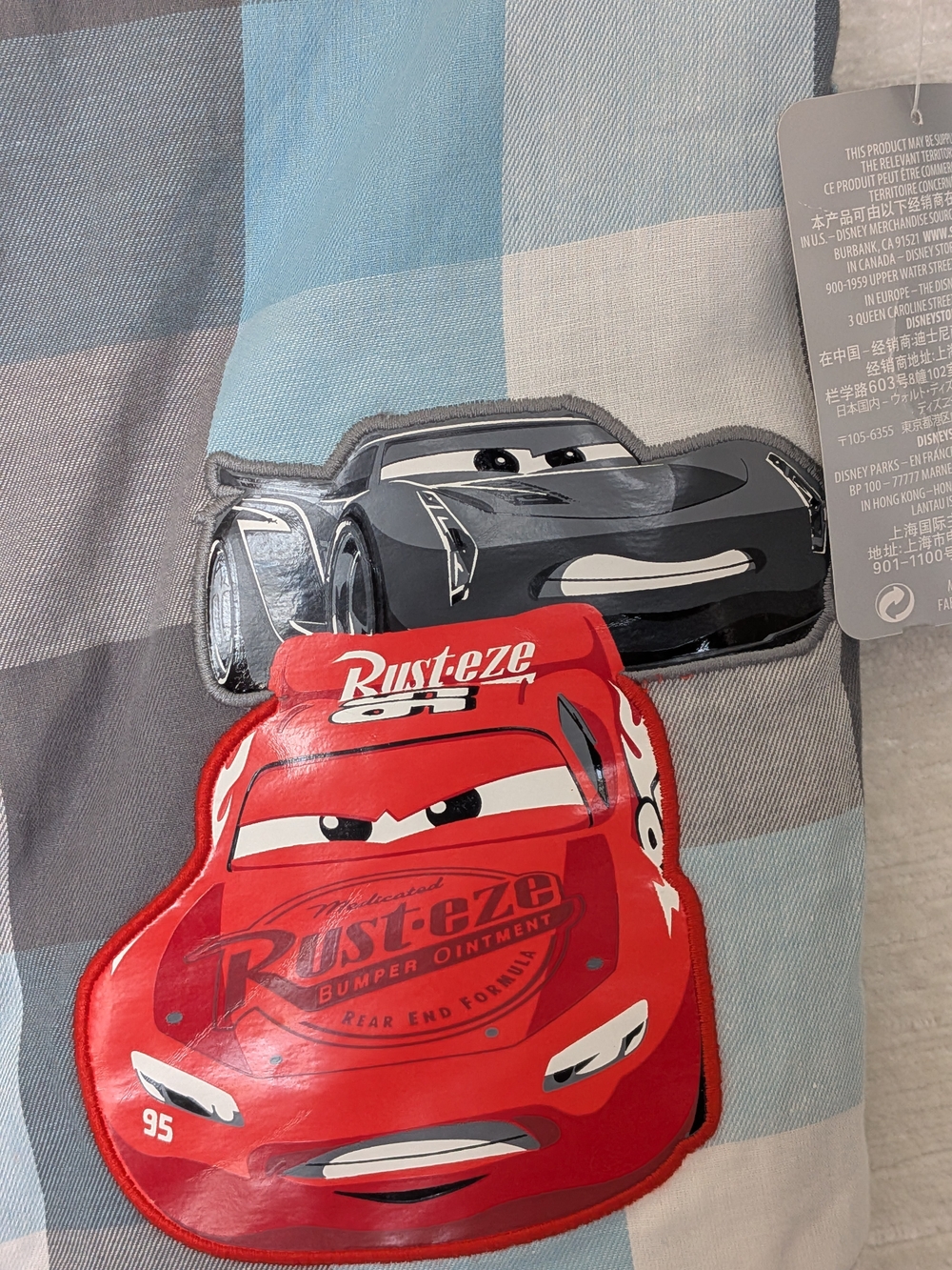 Disney Cars Lighting McQueen Blue & Gray Plaid Button-Down Shirt W Patches - Picture 3 of 13